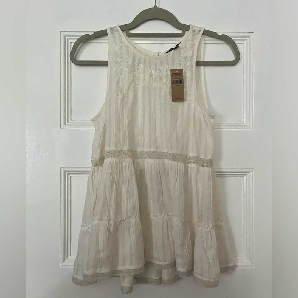 American Eagle Flowy Boho Cotton White Tank Blouse - NEW